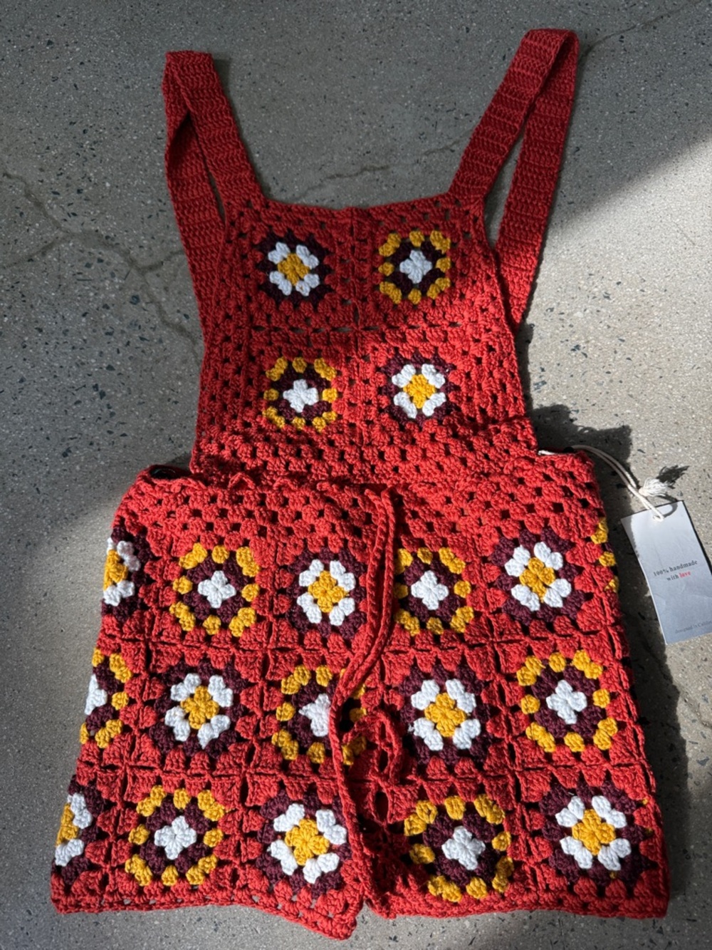 Handmade Crochet Red Floral Patchwork Overall Dress